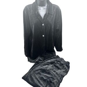 VTG Liz Claiborne Sport Velvet Pajama Set Loungewear Button Up Top Elastic Pants